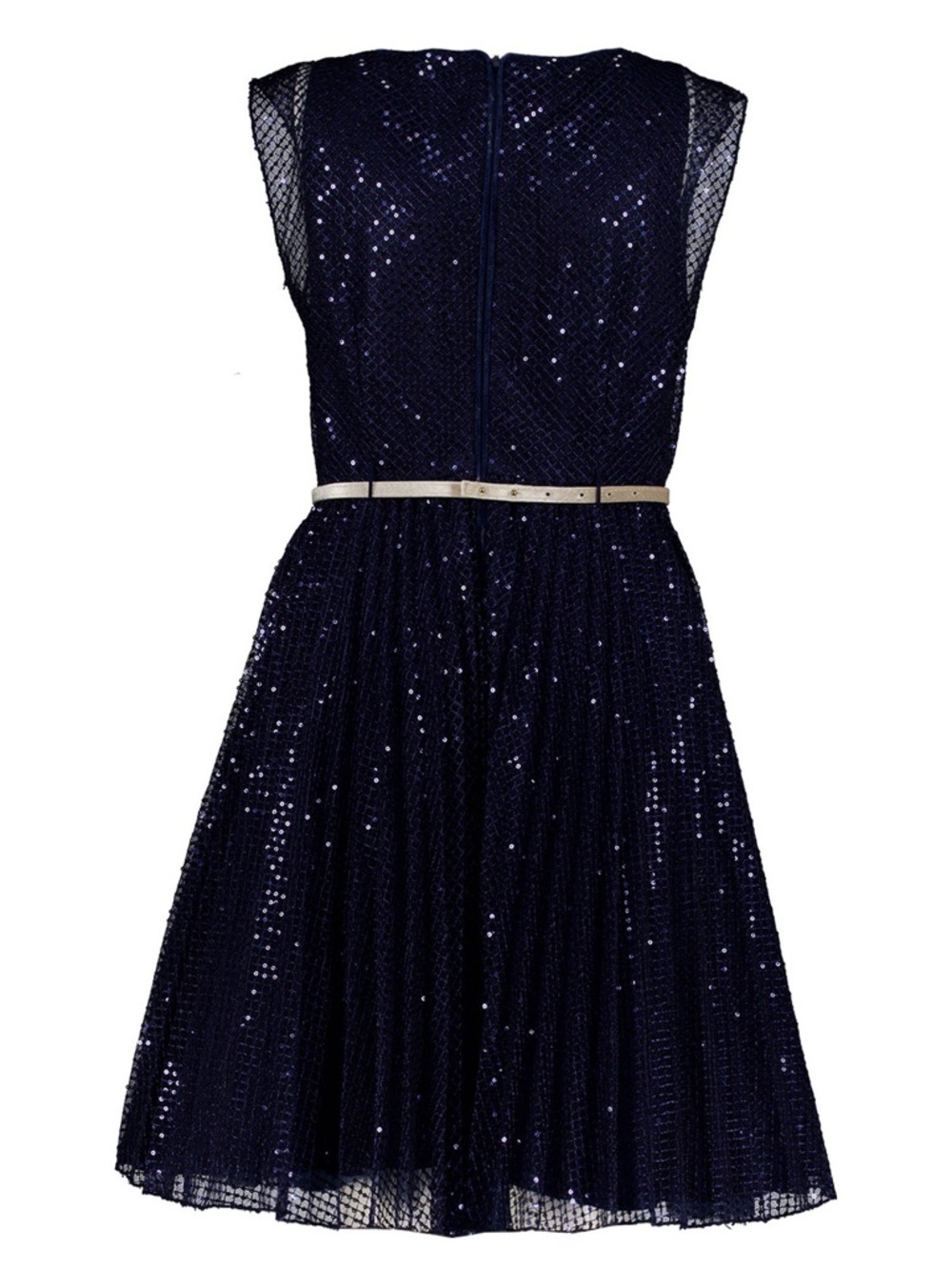 MonnaLisa Navy Blue Sequin Party Dress with Cream velvet Bow Belt - Picture 2 of 10